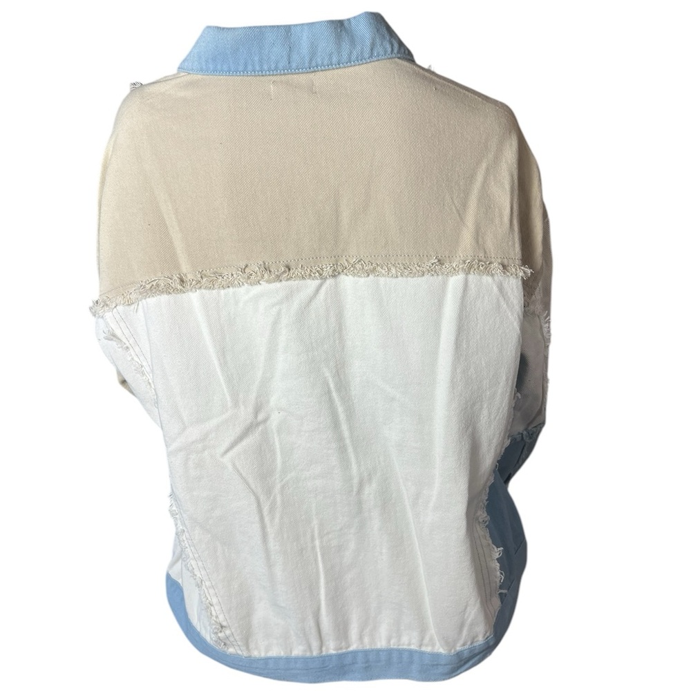 POL brand Blue Tan Cream Denim Distressed Long Sleeve Jacket New - Picture 4 of 6